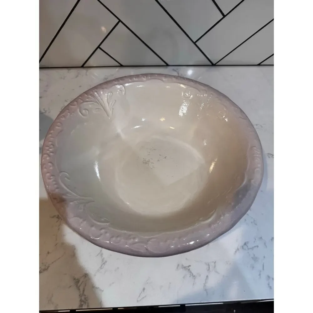 Ceramic goose pitcher & basin embossed geese floral scrollwork purple ombre rim